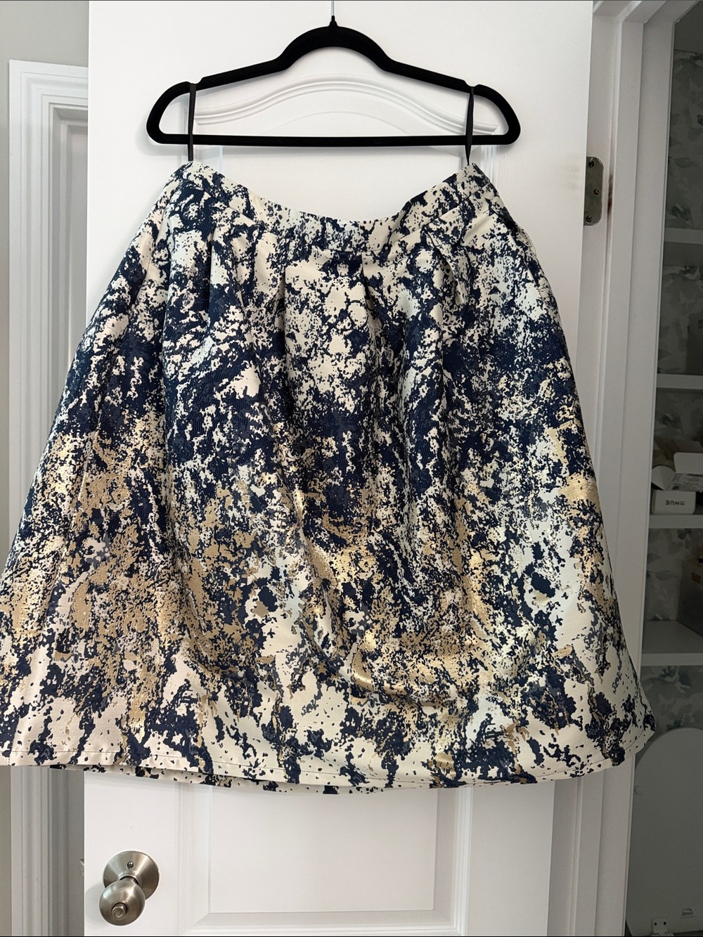 Donna Karan Navy, Gold & Cream Abstract A-Line Skirt